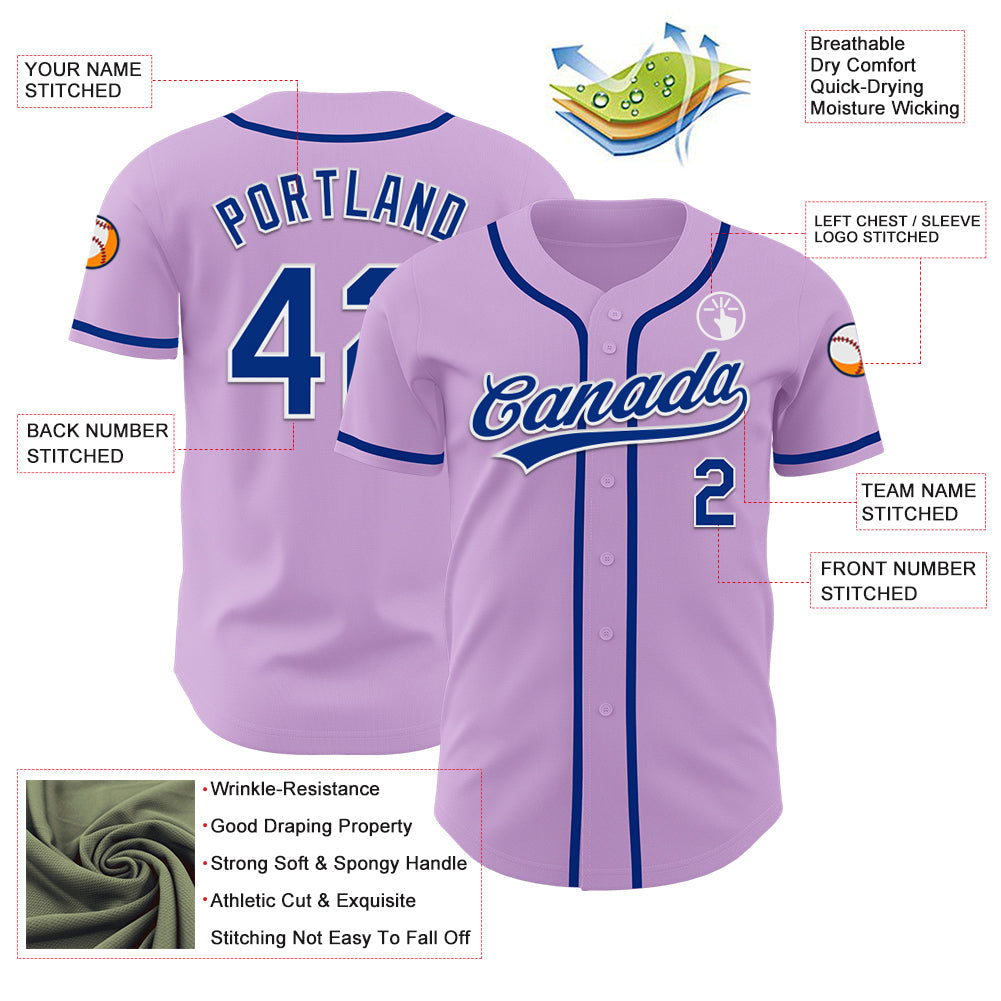 Custom Light Purple Royal-White Authentic Baseball Jersey view 3