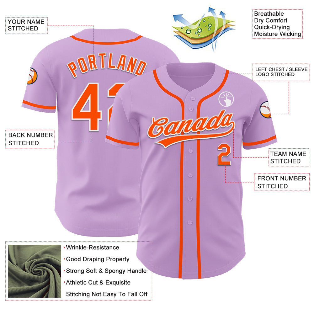 Custom Light Purple Orange-White Authentic Baseball Jersey view 3