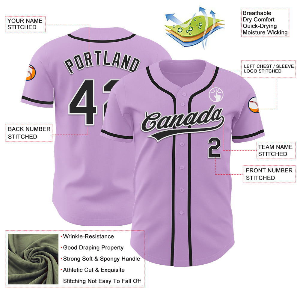 Custom Light Purple Black-White Authentic Baseball Jersey view 3