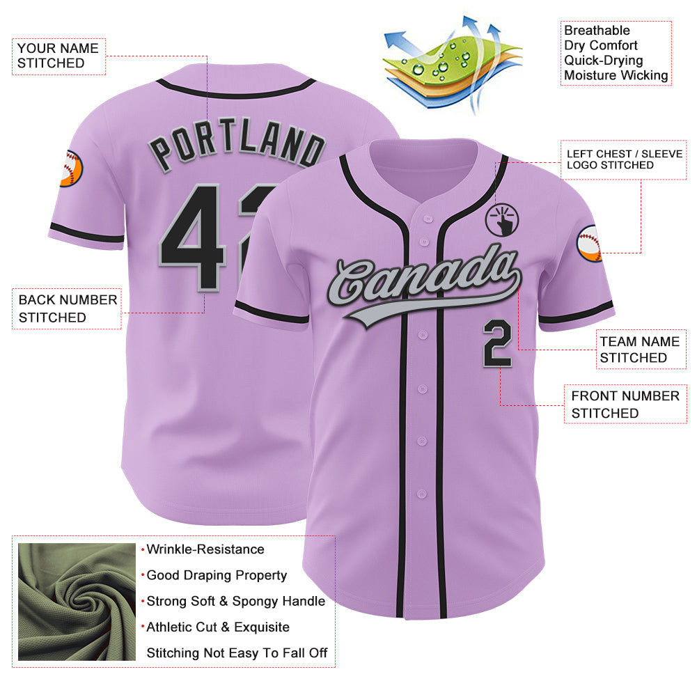 Custom Light Purple Black-Gray Authentic Baseball Jersey view 3