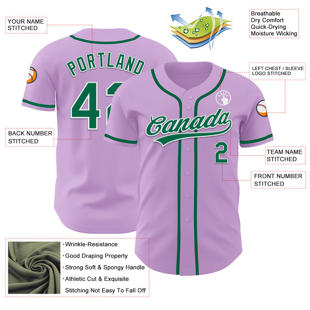 Custom Light Purple Kelly Green-White Authentic Baseball Jersey view 3
