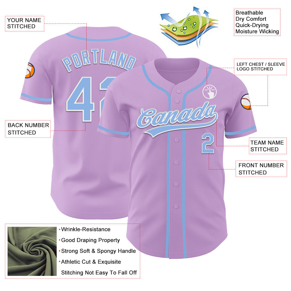 Custom Light Purple Light Blue-White Authentic Baseball Jersey view 3