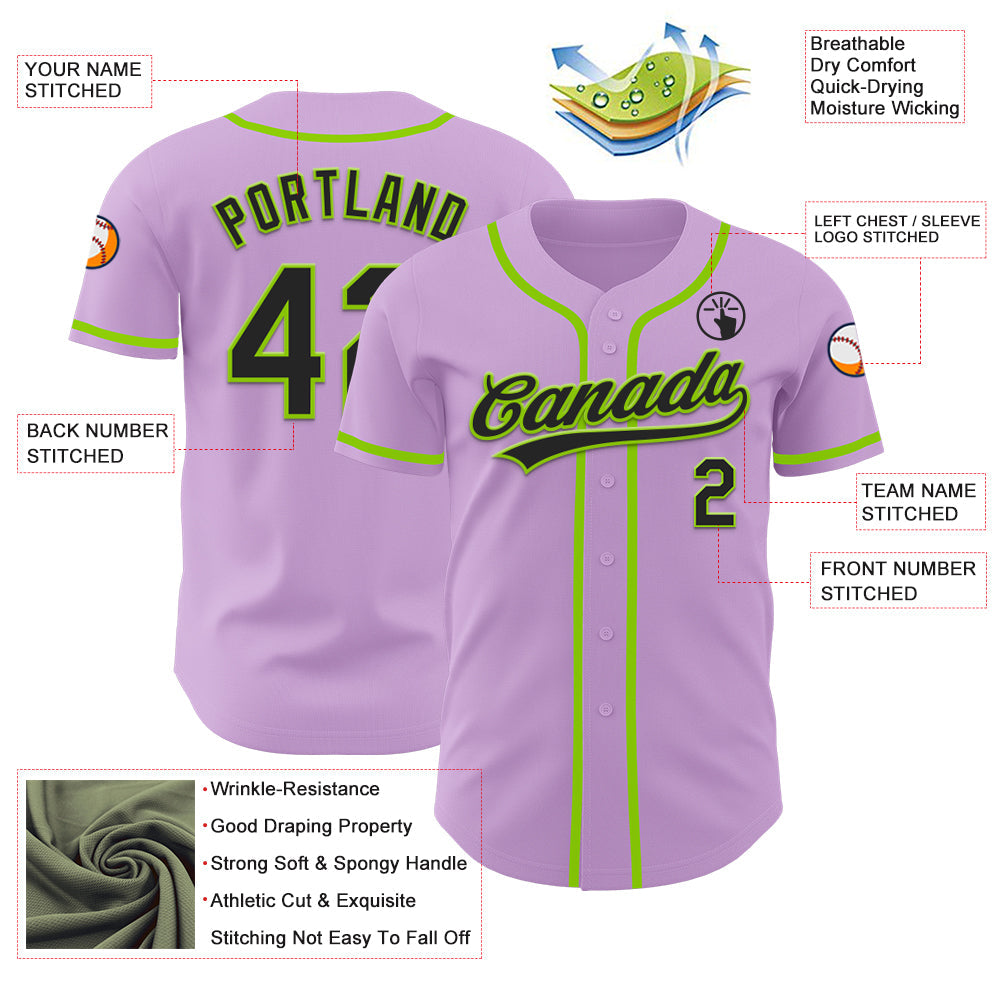 Custom Light Purple Black-Neon Green Authentic Baseball Jersey view 3