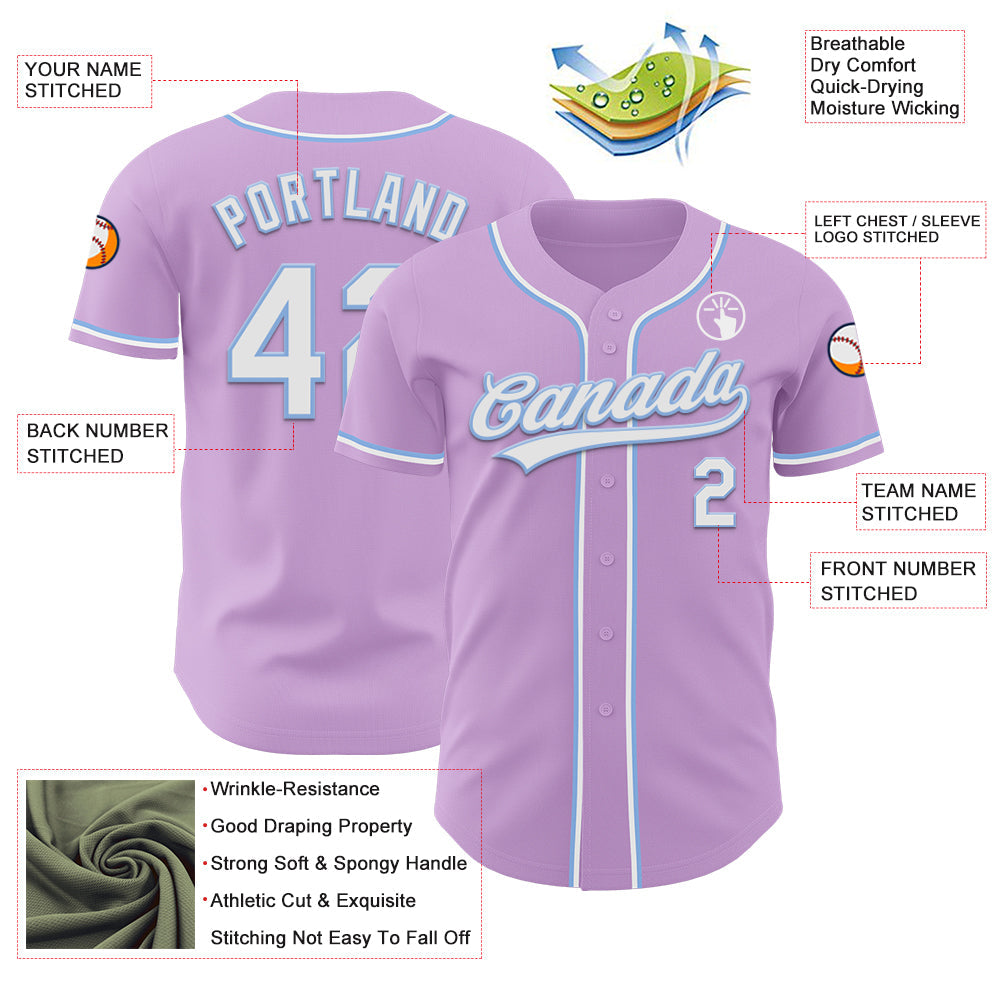 Custom Light Purple White-Light Blue Authentic Baseball Jersey view 3