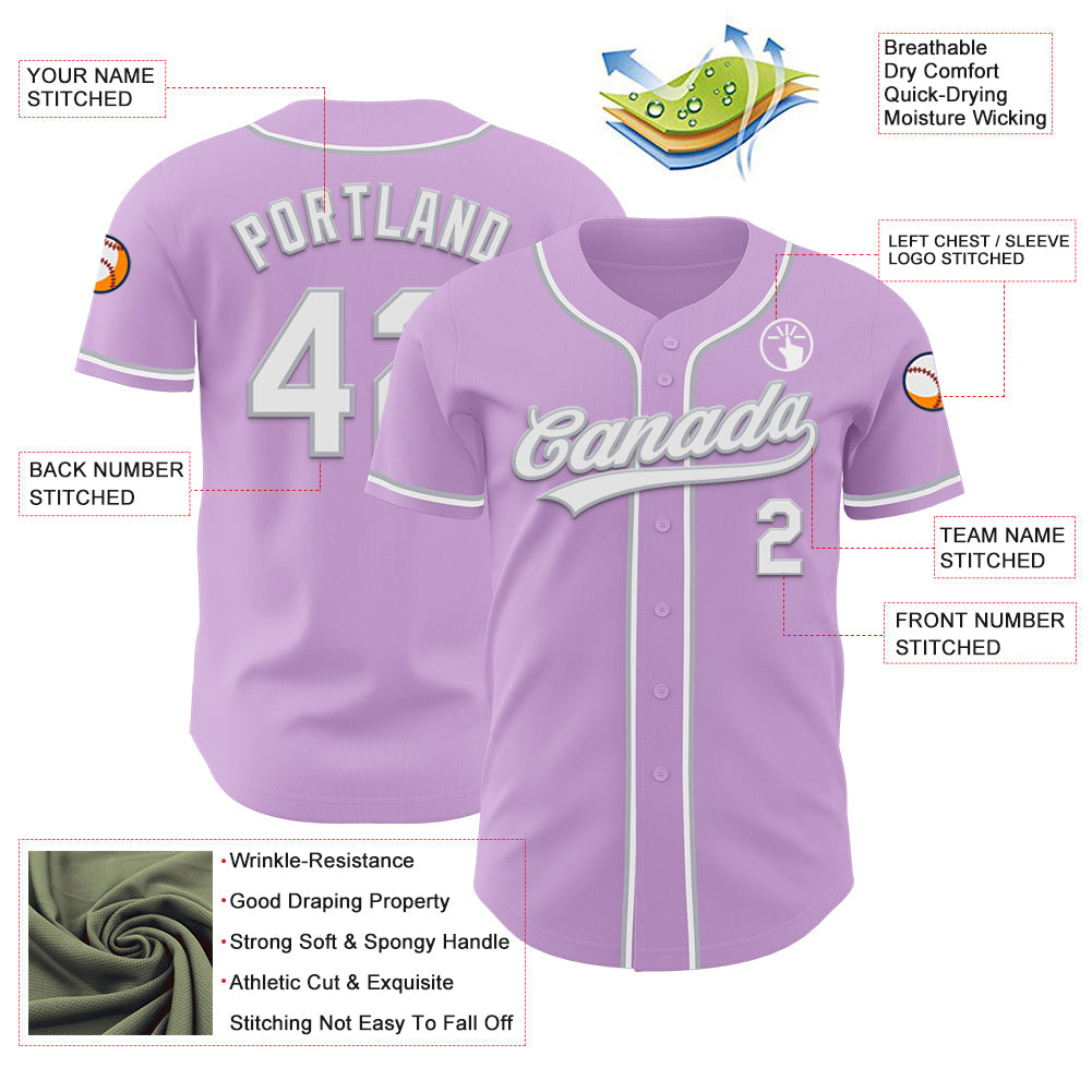 Custom Light Purple White-Gray Authentic Baseball Jersey view 3