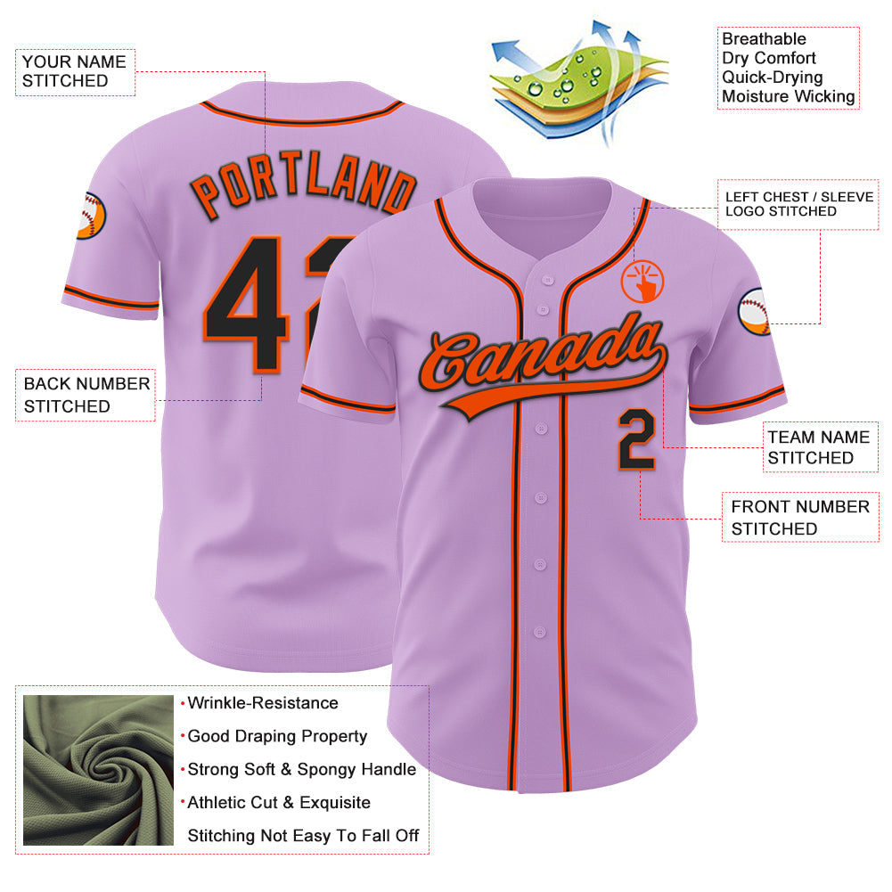 Custom Light Purple Black-Orange Authentic Baseball Jersey view 3