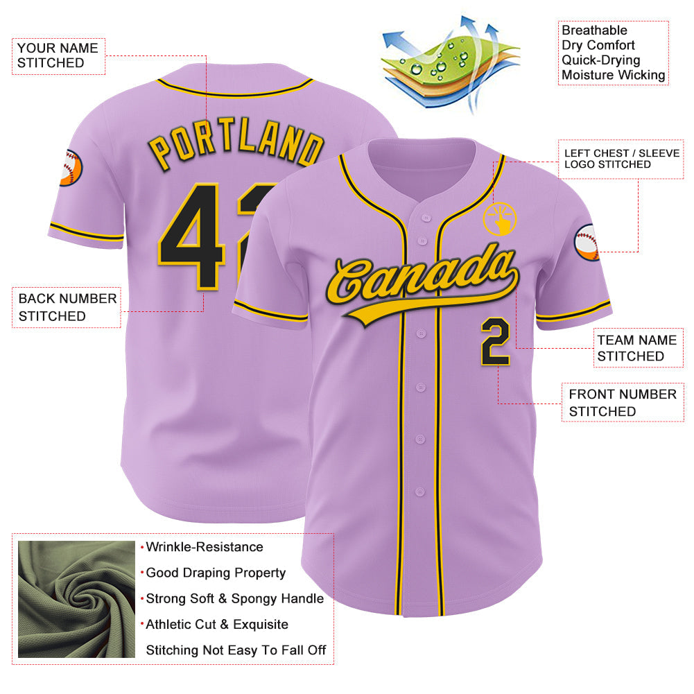 Custom Light Purple Black-Yellow Authentic Baseball Jersey view 3