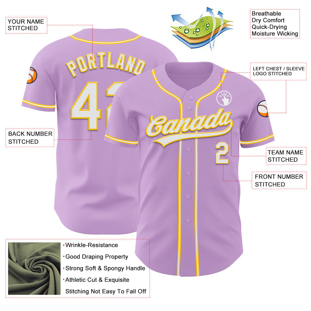 Custom Light Purple White-Yellow Authentic Baseball Jersey view 3
