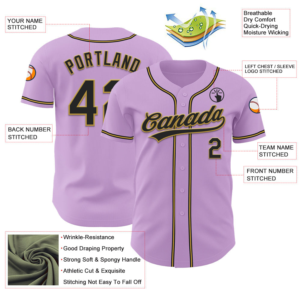 Custom Light Purple Black-Old Gold Authentic Baseball Jersey view 3