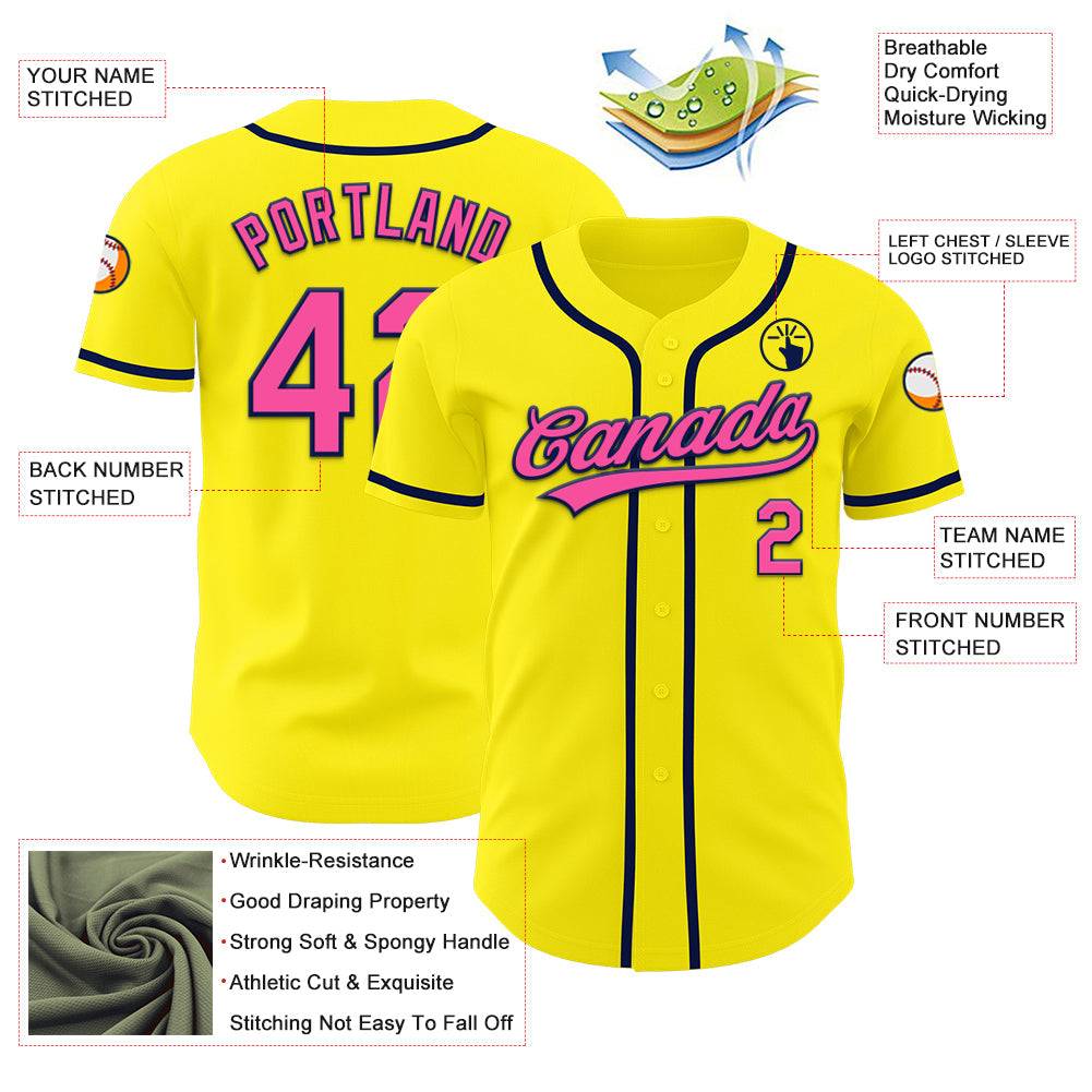 Custom Light Yellow Pink-Navy Authentic Baseball Jersey view 3