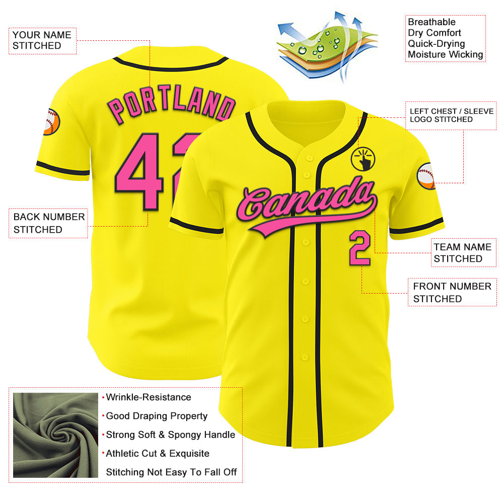 Custom Light Yellow Pink-Black Authentic Baseball Jersey view 3