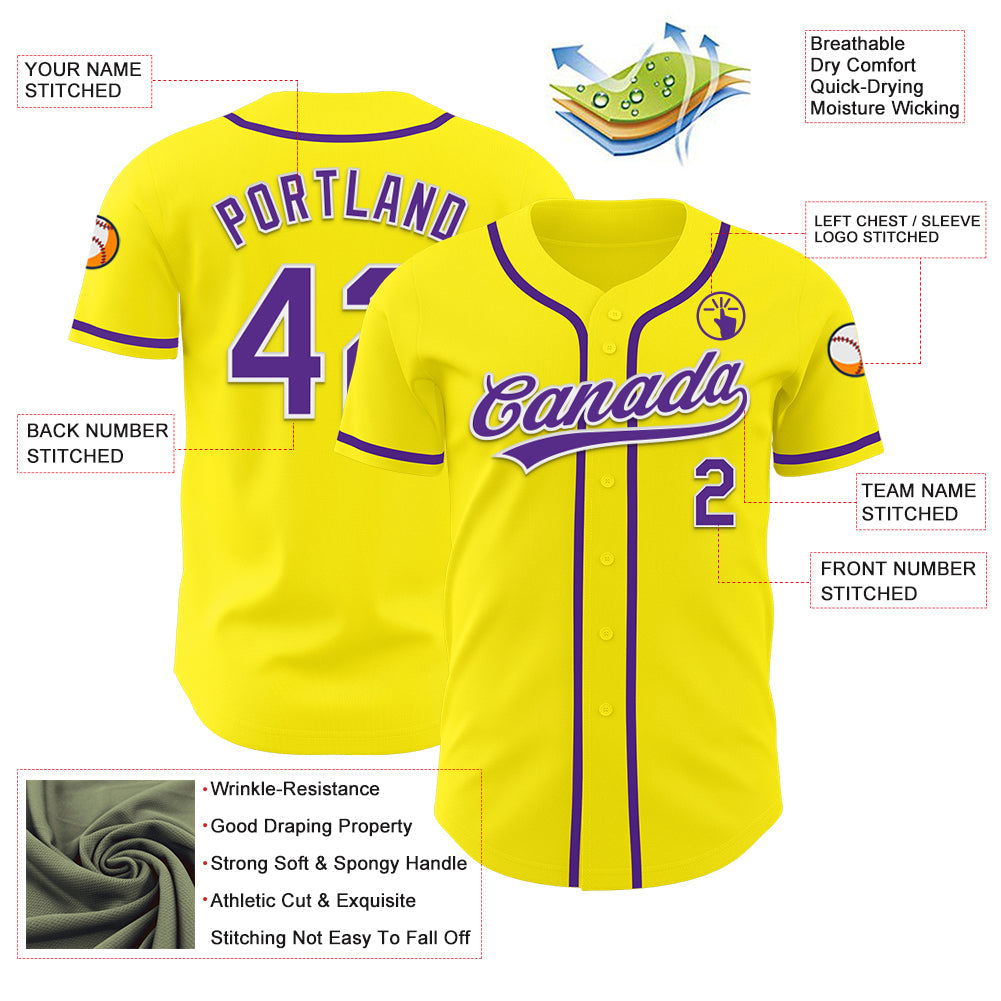 Custom Light Yellow Purple-White Authentic Baseball Jersey view 3
