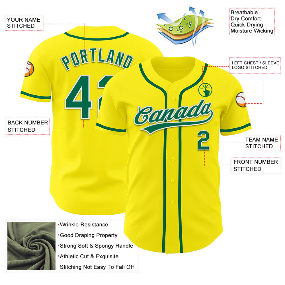 Custom Light Yellow Kelly Green-White Authentic Baseball Jersey view 3