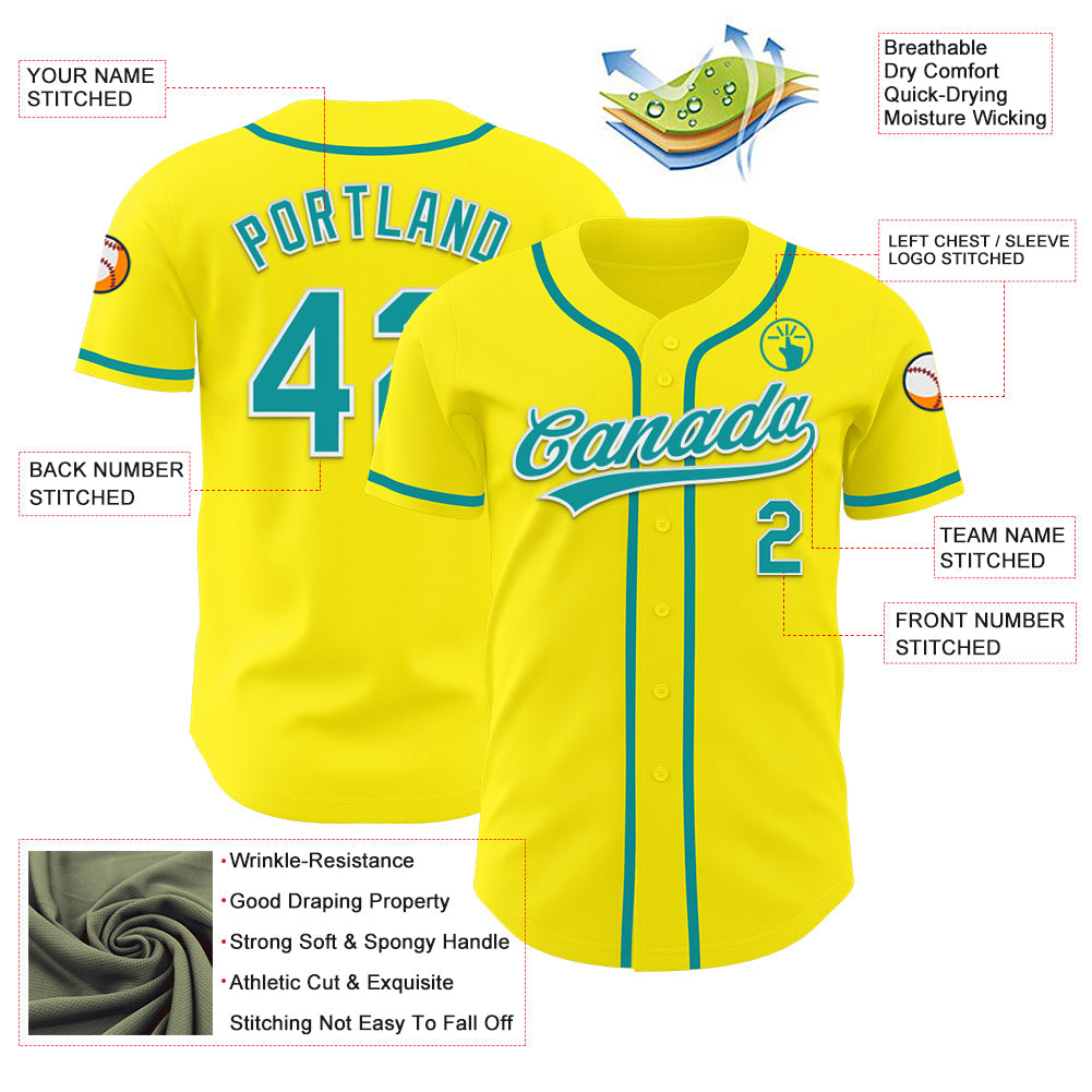 Custom Light Yellow Teal-White Authentic Baseball Jersey view 3