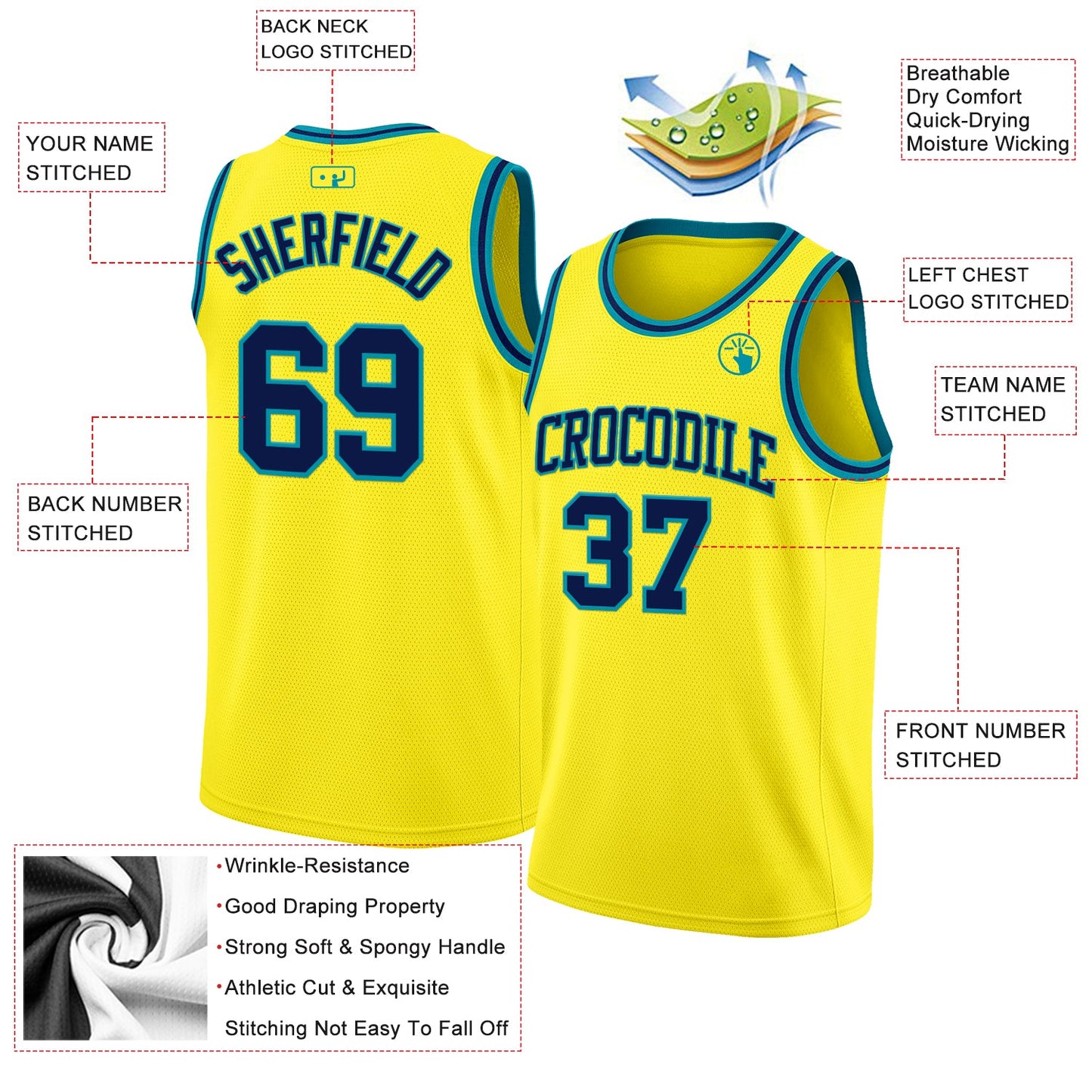 Custom Light Yellow Navy-Teal Authentic Basketball Jersey view 2