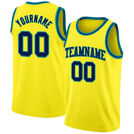 Custom Light Yellow Navy-Teal Authentic Basketball Jersey - Main View