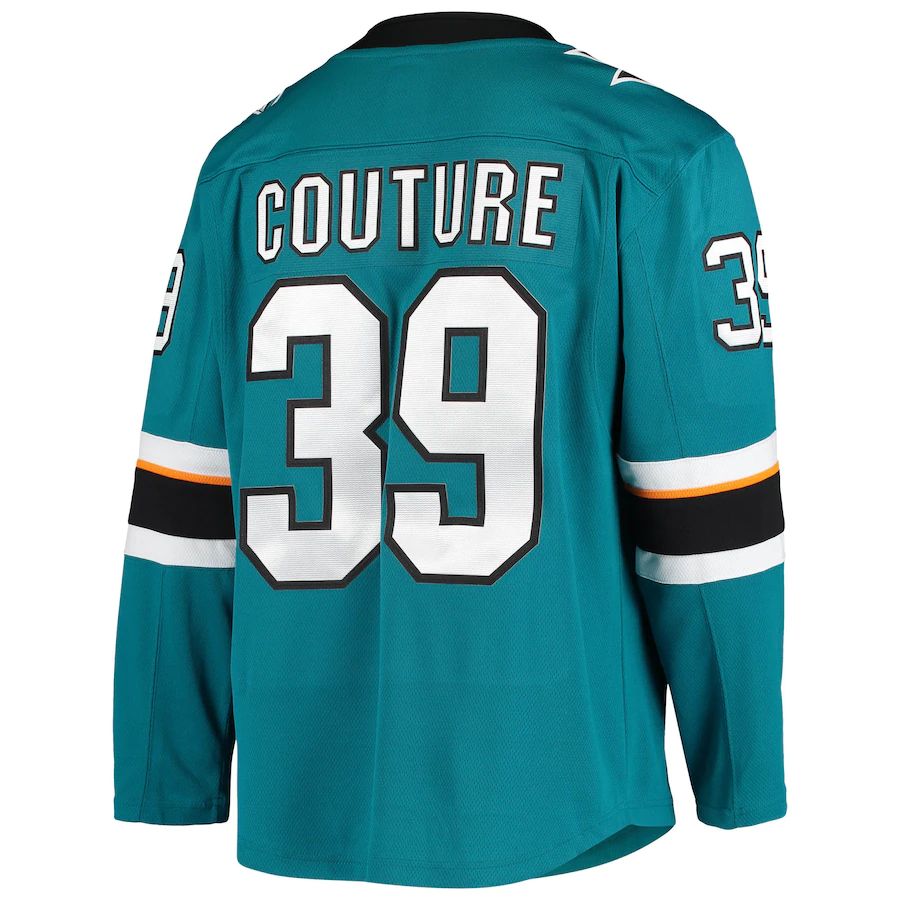 SJ.Sharks #39 Logan Couture Fanatics Branded Home Alternate Captain Premier Breakaway Player Jersey Teal Stitched American Hockey Jerseys - Main View