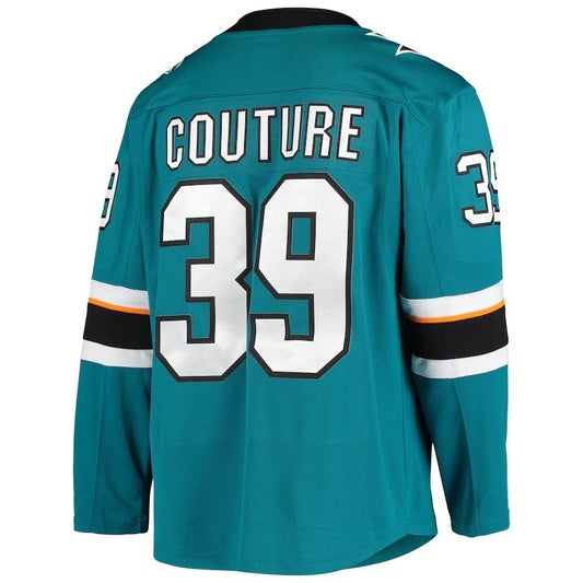 SJ.Sharks #39 Logan Couture Fanatics Branded Home Alternate Captain Premier Breakaway Player Jersey Teal Stitched American Hockey Jerseys - Main View