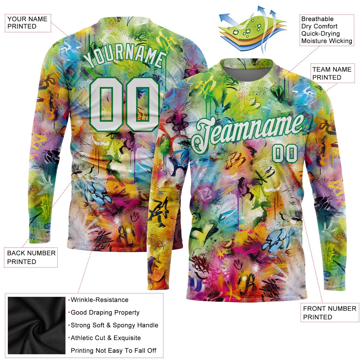 Custom Graffiti Pattern White-Kelly Green Scratch 3D Long Sleeve Performance T-Shirt view 2
