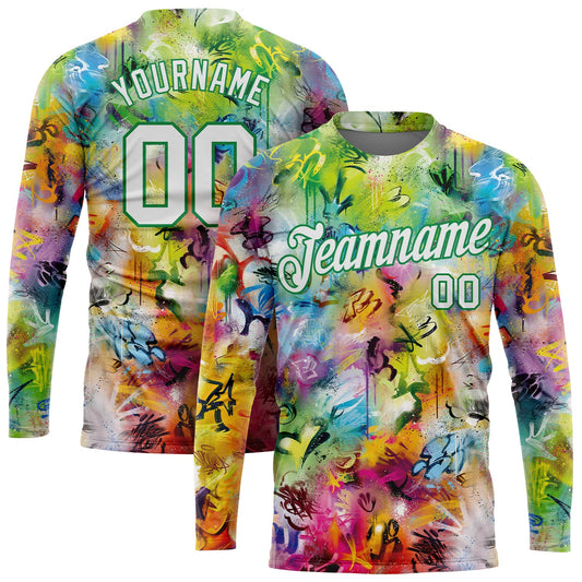 Custom Graffiti Pattern White-Kelly Green Scratch 3D Long Sleeve Performance T-Shirt - Main View