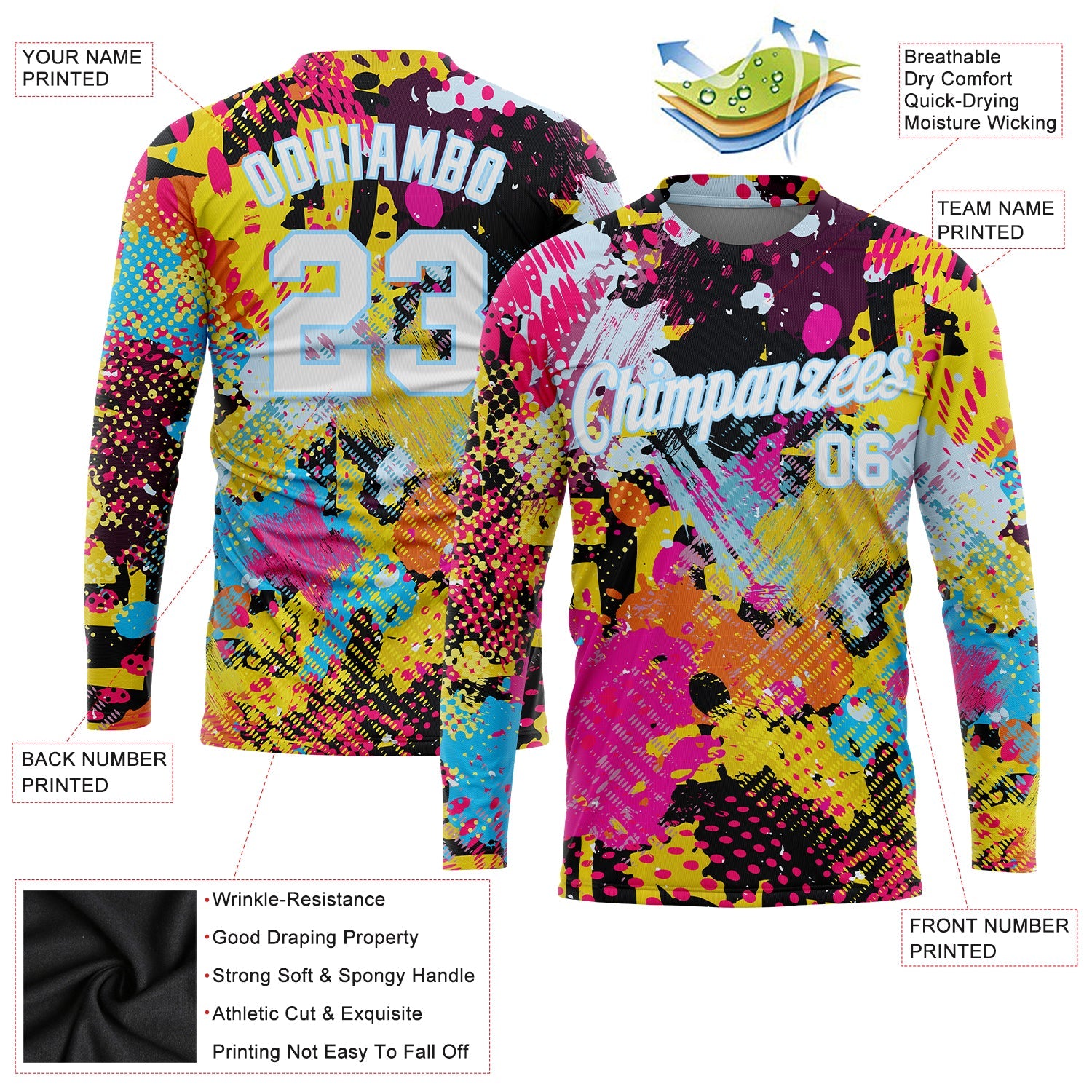 Custom Graffiti Pattern White-Light Blue Bright Psychedelic 3D Long Sleeve Performance T-Shirt view 2