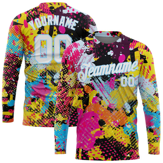 Custom Graffiti Pattern White-Light Blue Bright Psychedelic 3D Long Sleeve Performance T-Shirt - Main View