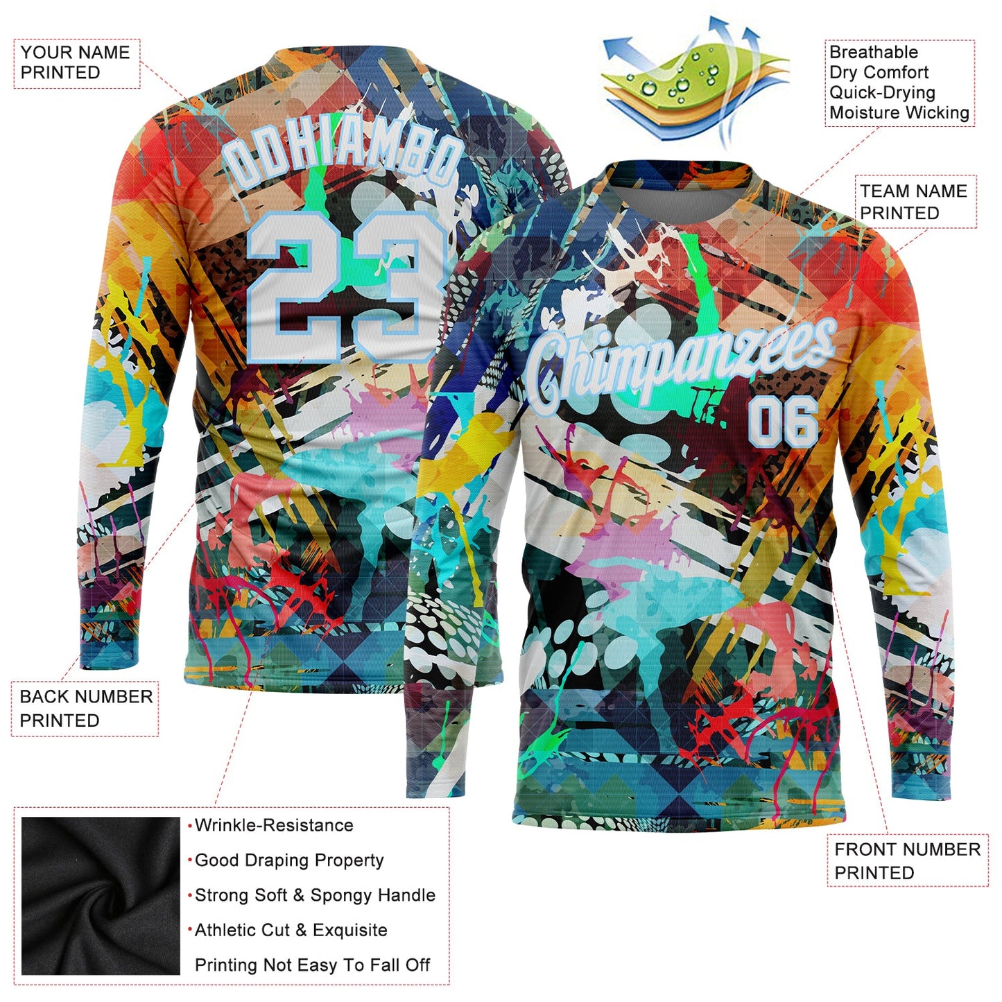 Custom Graffiti Pattern White-Light Blue Colored Abstract 3D Long Sleeve Performance T-Shirt view 2