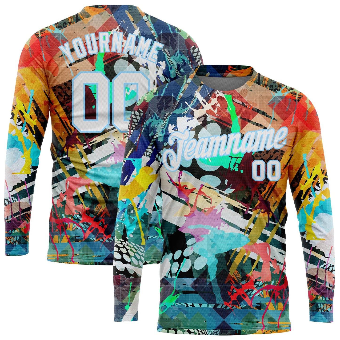 Custom Graffiti Pattern White-Light Blue Colored Abstract 3D Long Sleeve Performance T-Shirt - Main View