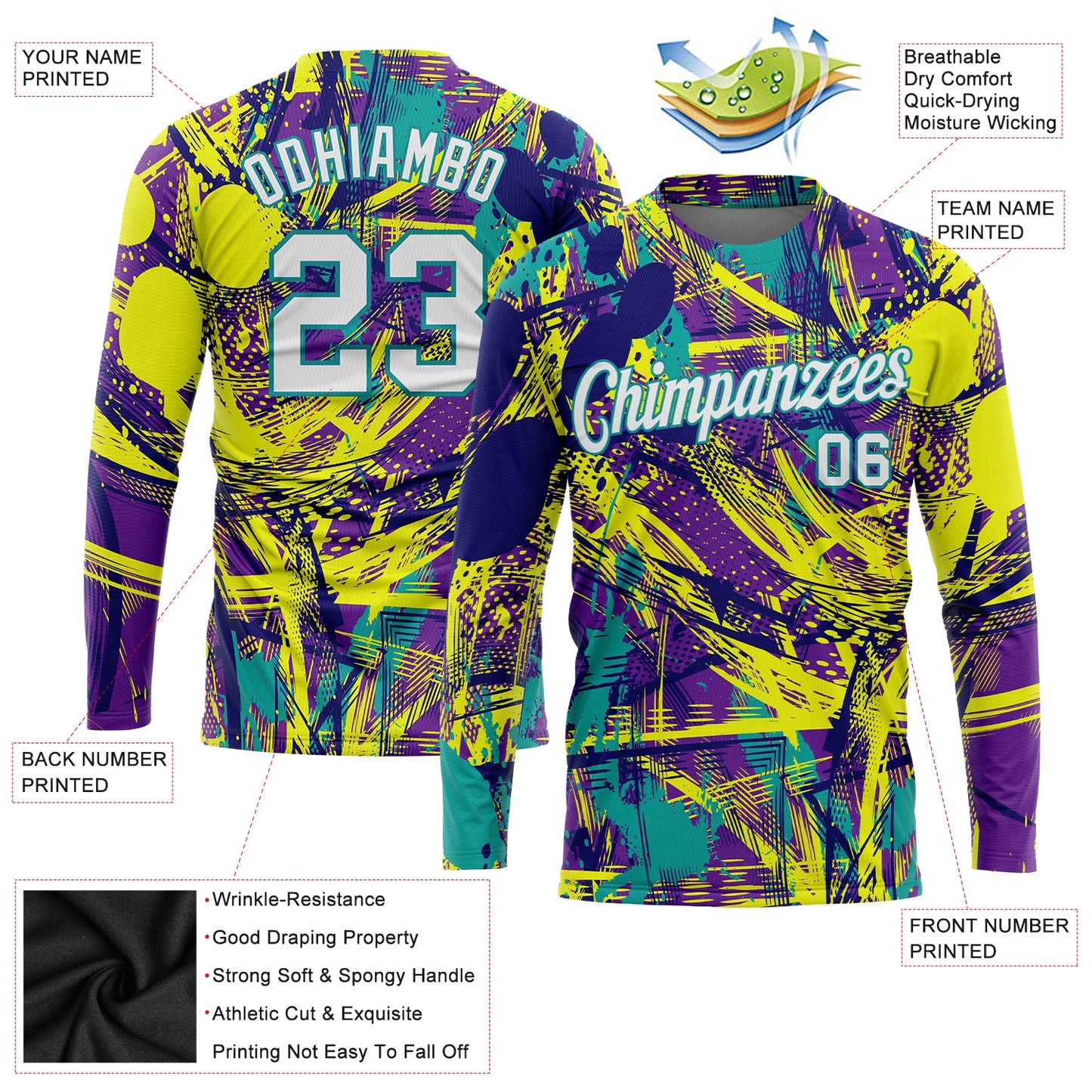Custom Graffiti Pattern White-Aqua Abstract Urban 3D Long Sleeve Performance T-Shirt view 2
