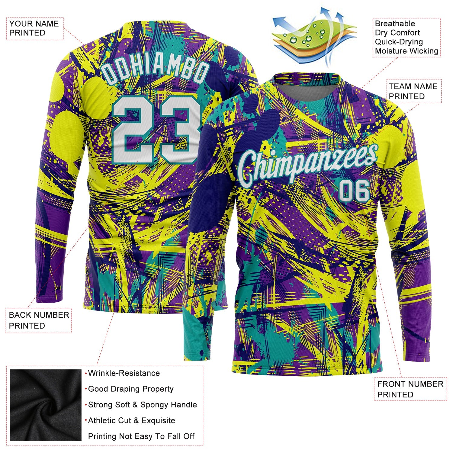 Custom Graffiti Pattern White-Aqua Abstract Urban 3D Long Sleeve Performance T-Shirt view 2