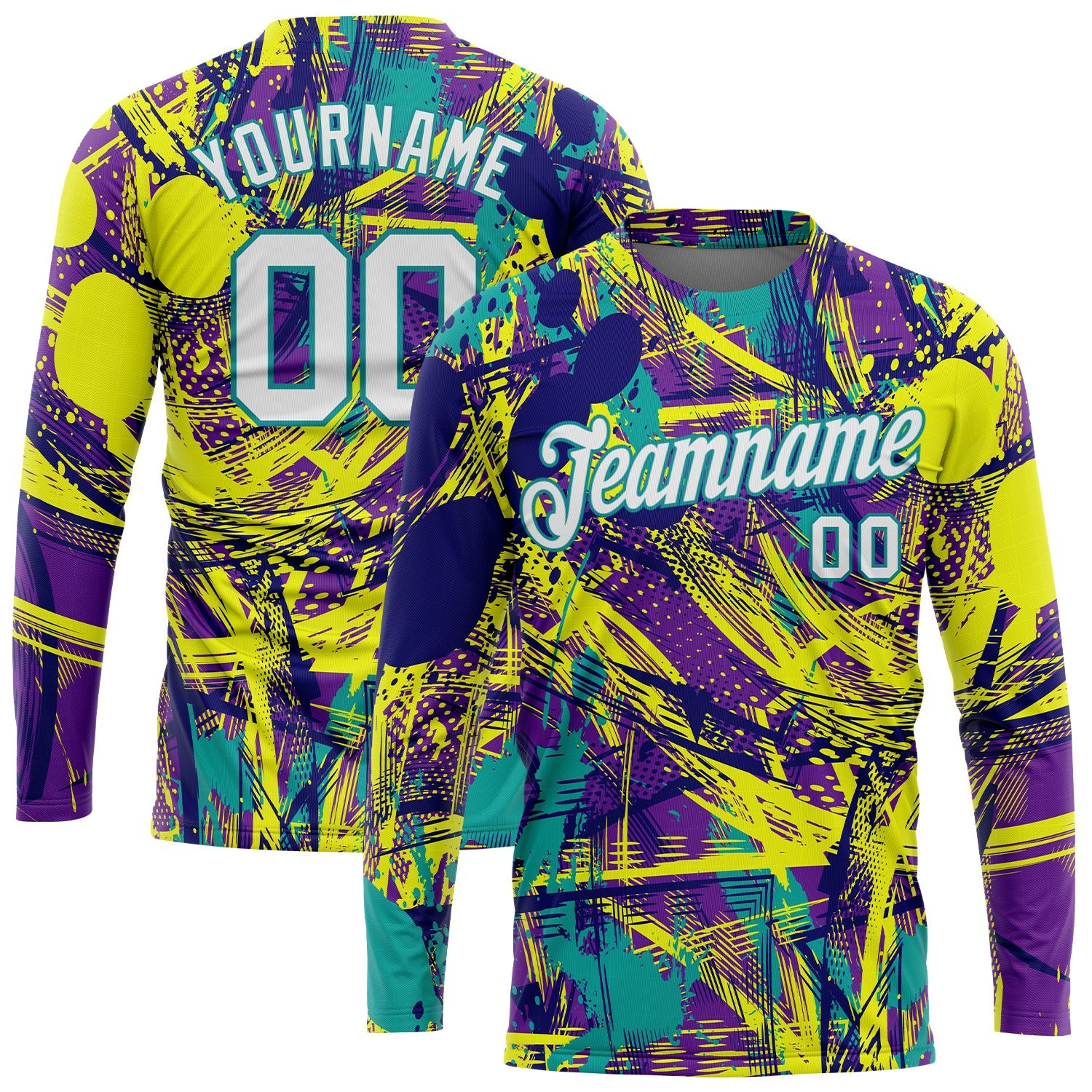 Custom Graffiti Pattern White-Aqua Abstract Urban 3D Long Sleeve Performance T-Shirt - Main View