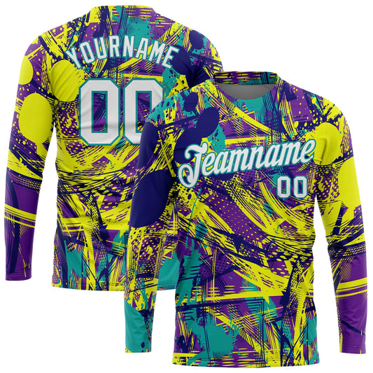 Custom Graffiti Pattern White-Aqua Abstract Urban 3D Long Sleeve Performance T-Shirt - Main View