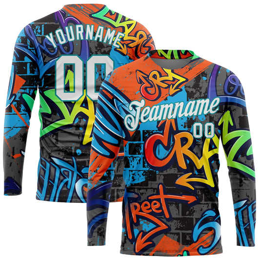 Custom Graffiti Pattern White-Aqua Geometric 3D Long Sleeve Performance T-Shirt - Main View