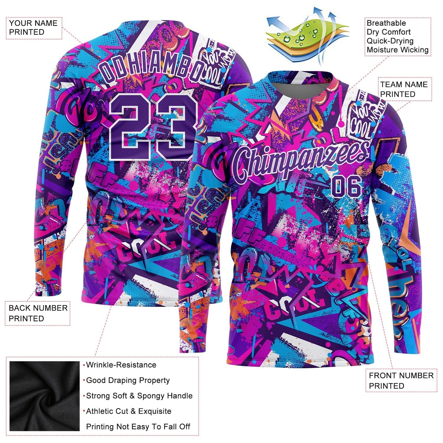 Custom Graffiti Pattern Purple-White Words 3D Long Sleeve Performance T-Shirt view 2