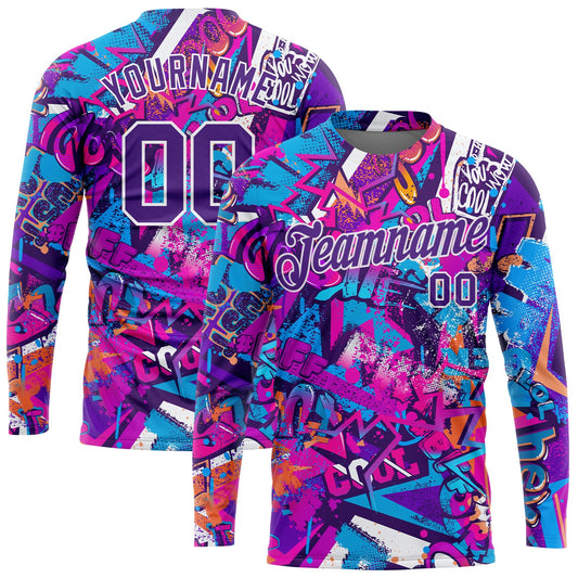 Custom Graffiti Pattern Purple-White Words 3D Long Sleeve Performance T-Shirt - Main View