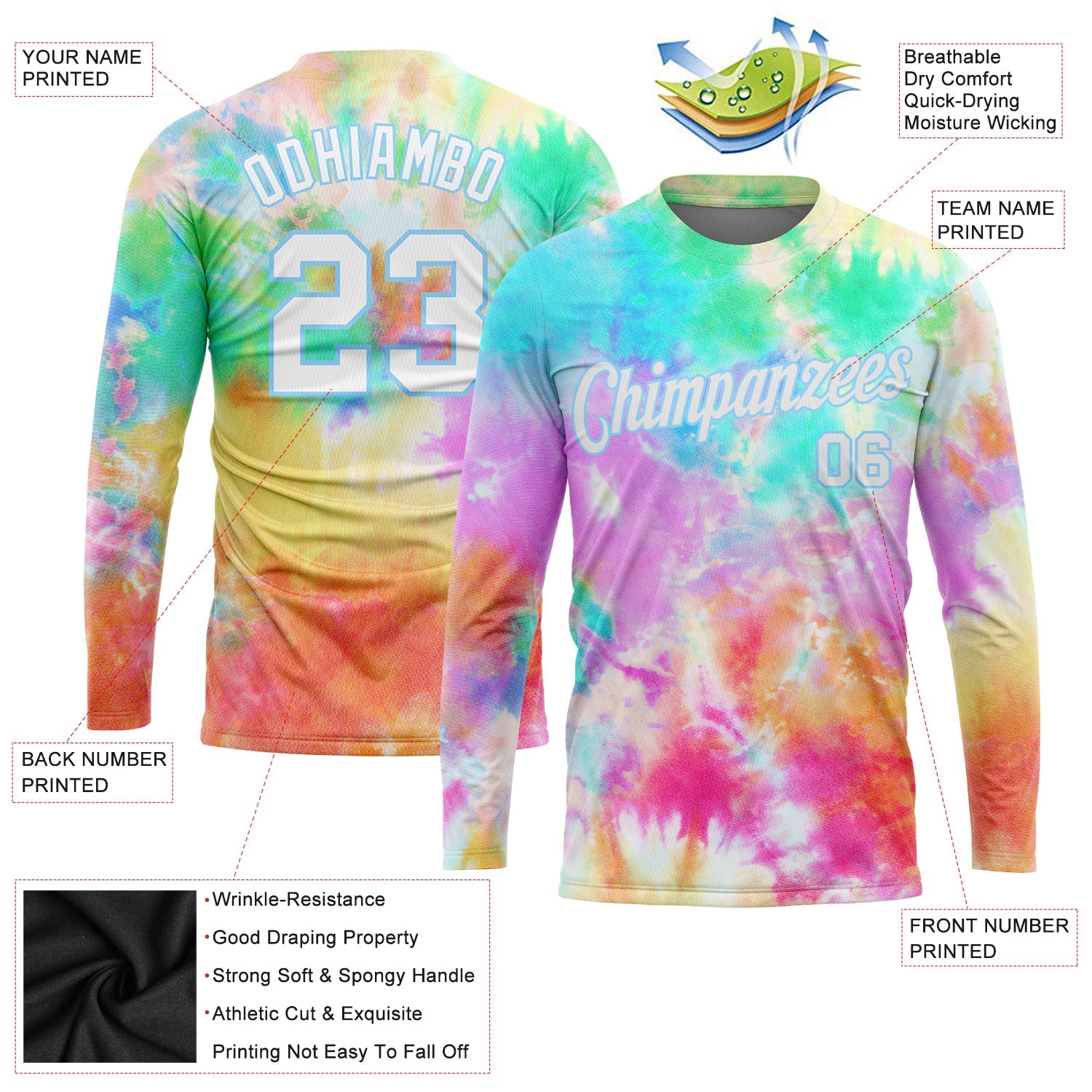 Custom Tie Dye White-Light Blue Rainbow 3D Long Sleeve Performance T-Shirt view 2