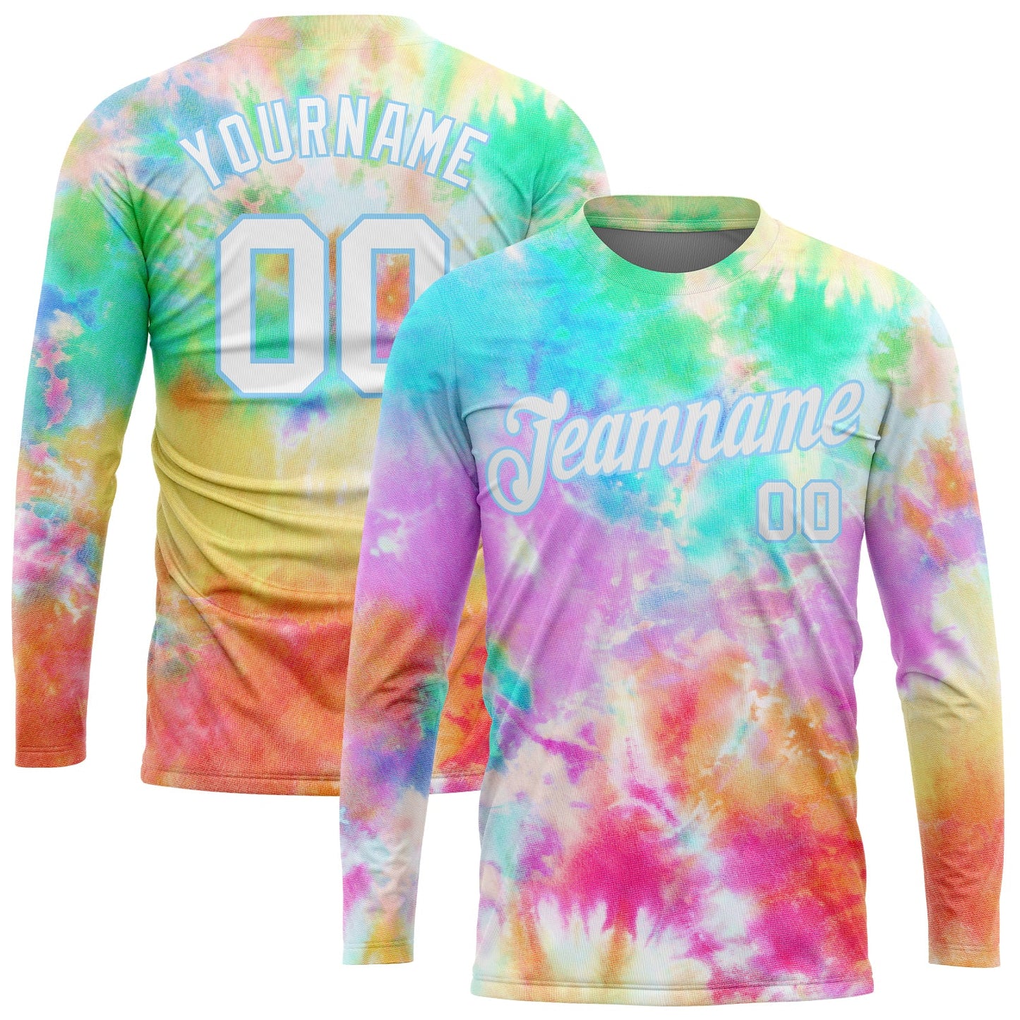 Custom Tie Dye White-Light Blue Rainbow 3D Long Sleeve Performance T-Shirt - Main View