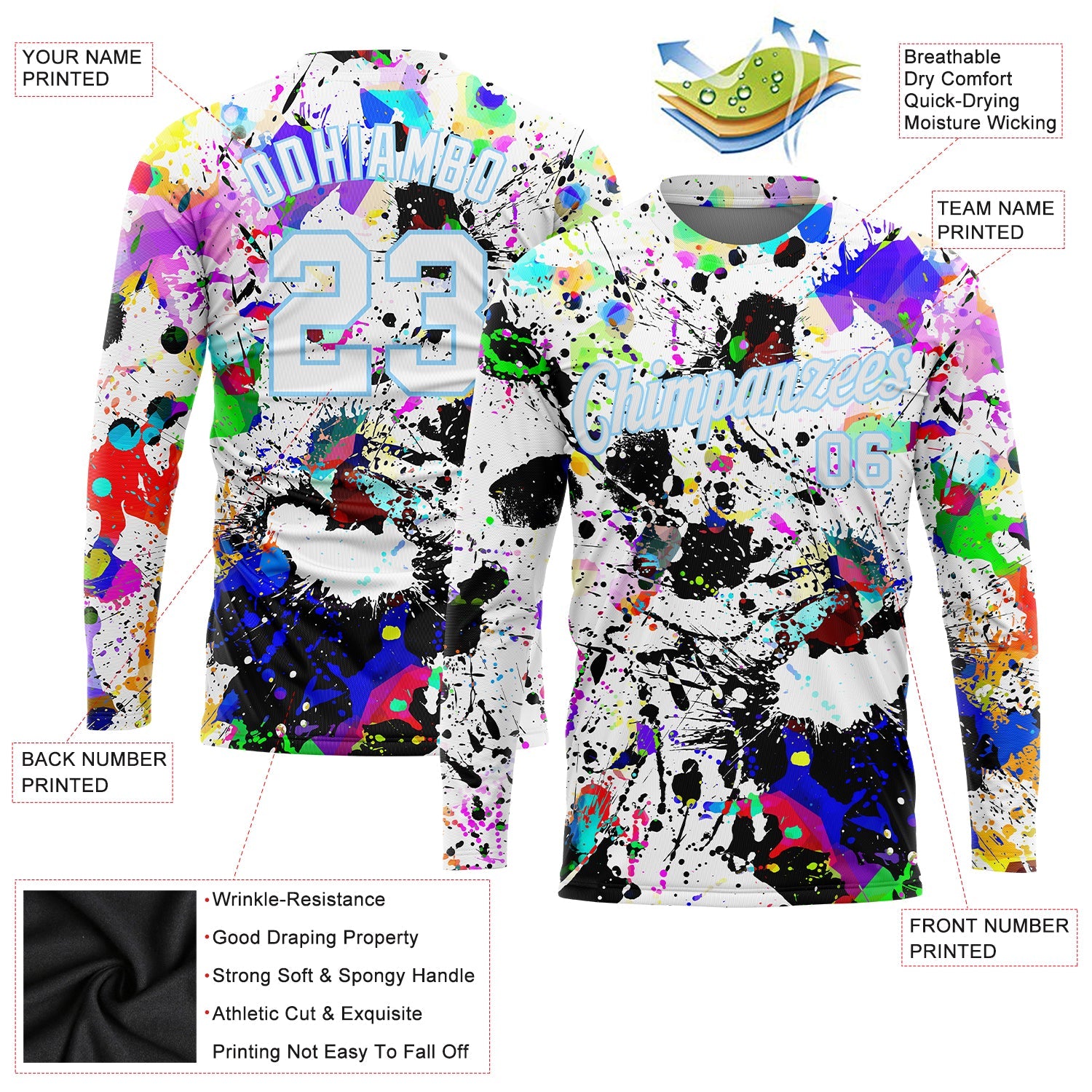 Custom Graffiti Pattern White-Light Blue Splashes 3D Long Sleeve Performance T-Shirt view 2