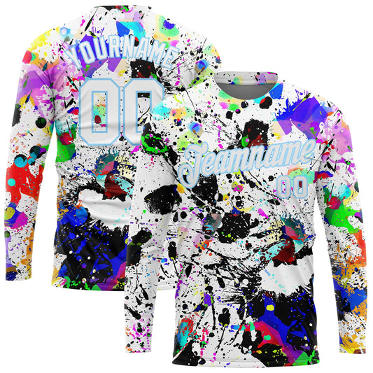 Custom Graffiti Pattern White-Light Blue Splashes 3D Long Sleeve Performance T-Shirt - Main View