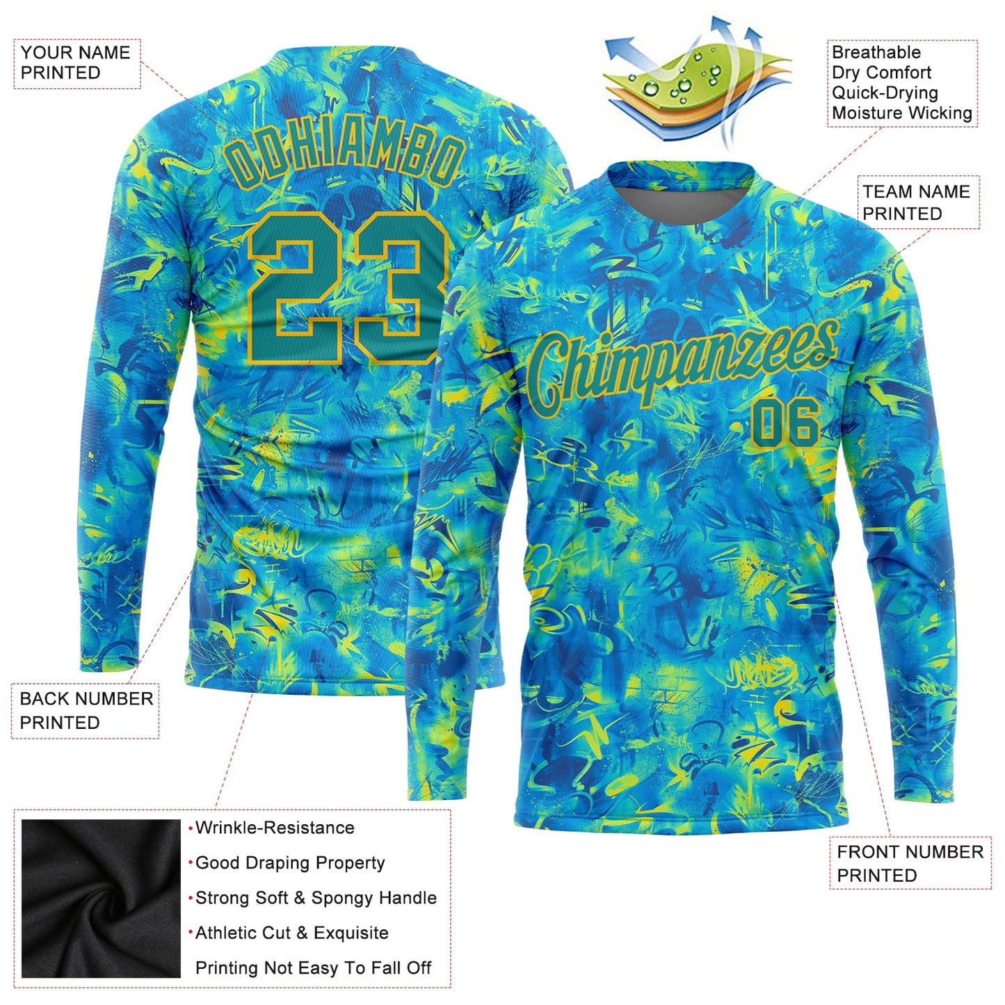 Custom Graffiti Pattern White-Light Blue Scratch 3D Long Sleeve Performance T-Shirt view 2