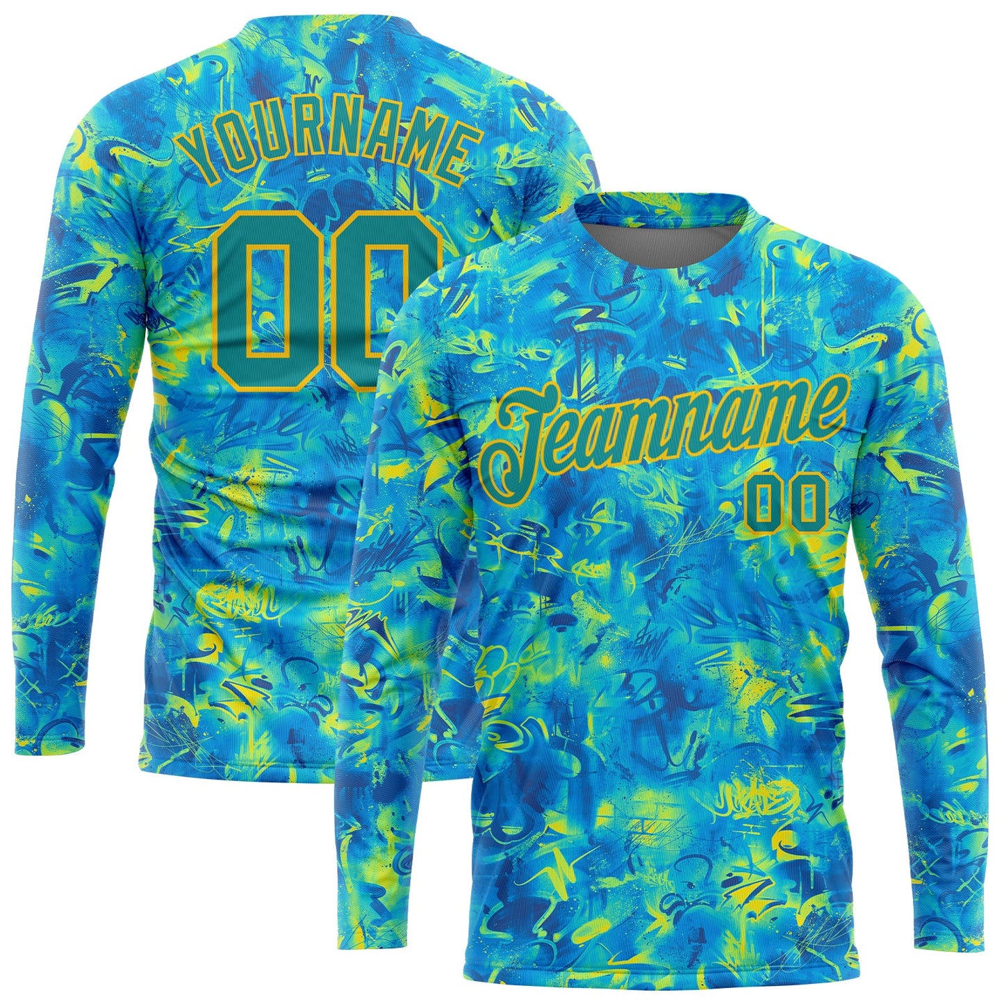 Custom Graffiti Pattern White-Light Blue Scratch 3D Long Sleeve Performance T-Shirt - Main View