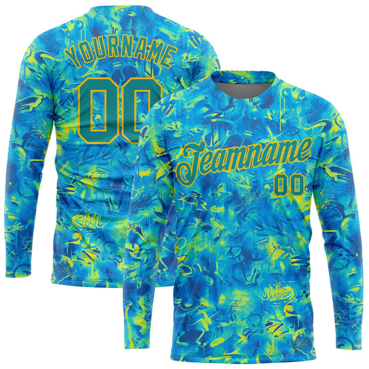 Custom Graffiti Pattern White-Light Blue Scratch 3D Long Sleeve Performance T-Shirt - Main View