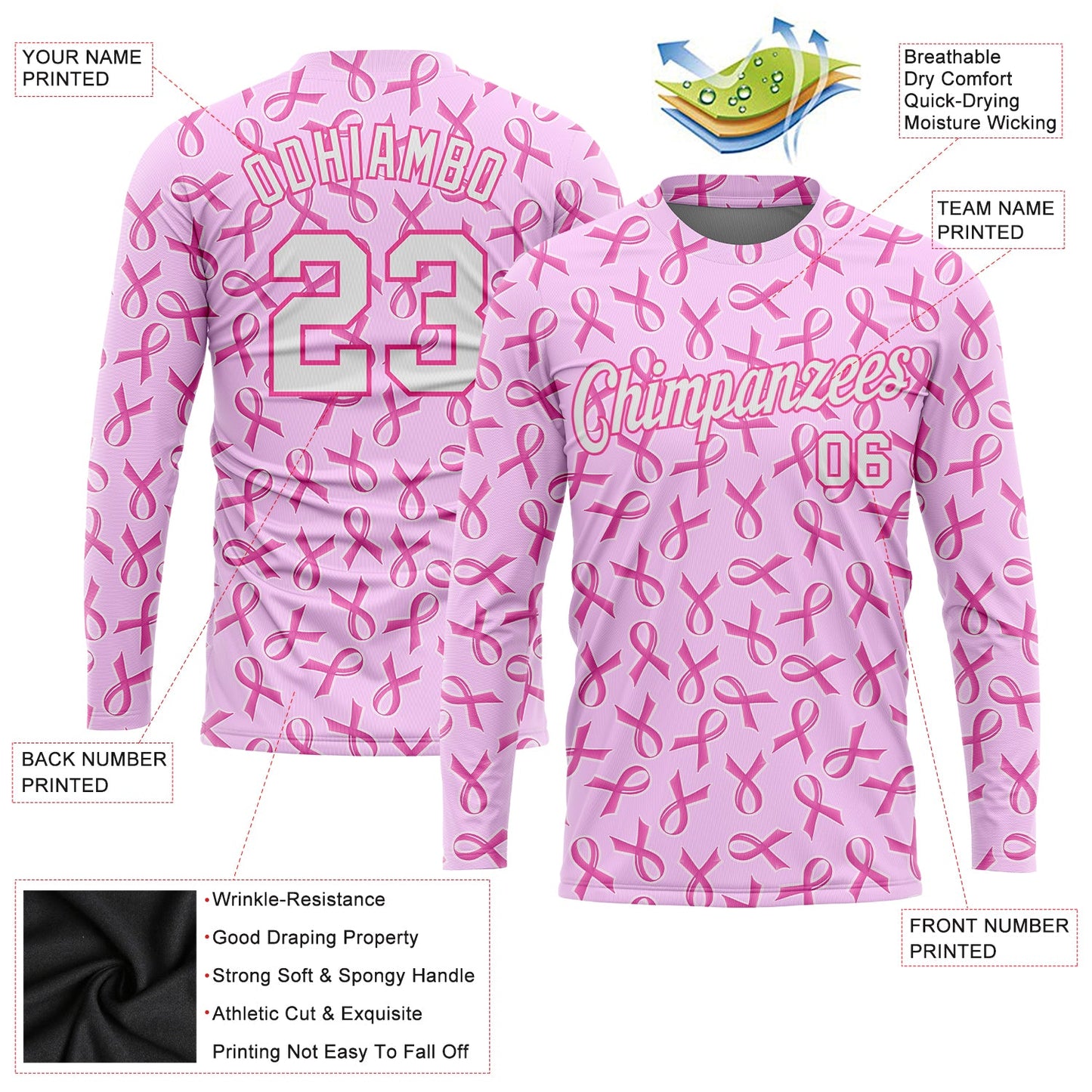 Custom Pink White Breast Cancer 3D Pattern Long Sleeve Performance T-Shirt view 2