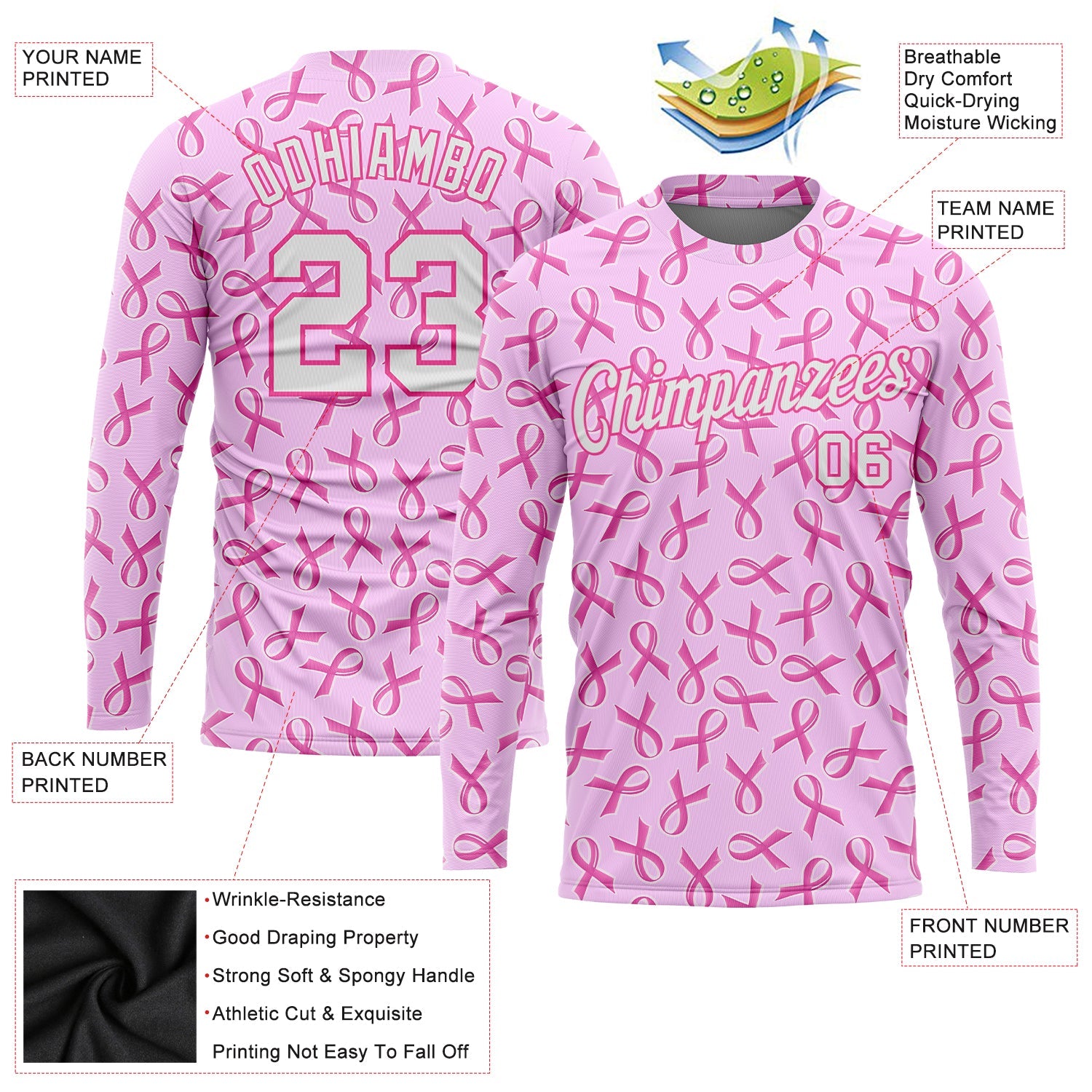 Custom Pink White Breast Cancer 3D Pattern Long Sleeve Performance T-Shirt view 2