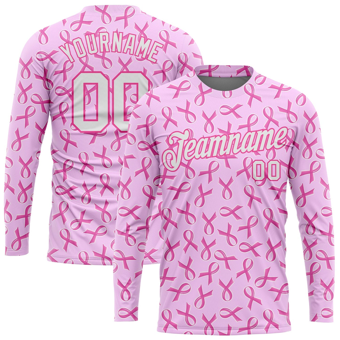 Custom Pink White Breast Cancer 3D Pattern Long Sleeve Performance T-Shirt - Main View