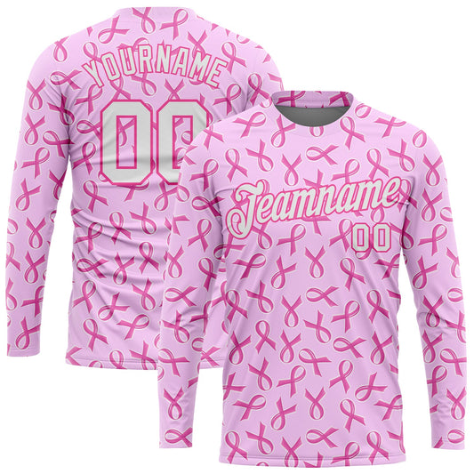 Custom Pink White Breast Cancer 3D Pattern Long Sleeve Performance T-Shirt - Main View