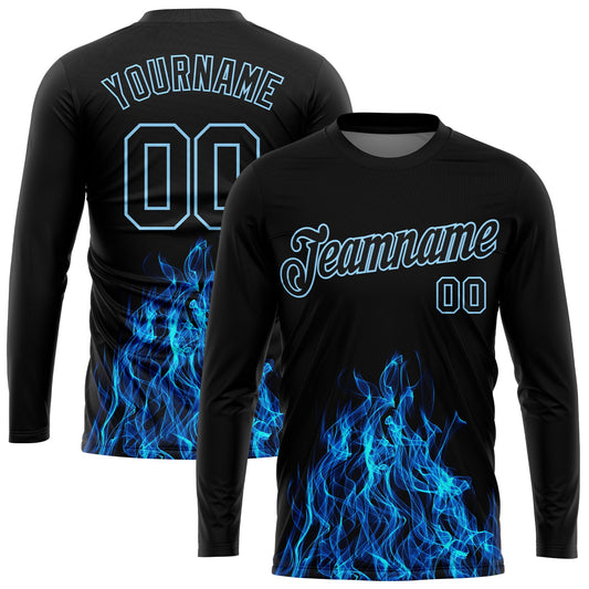 Custom Black Black-Light Blue Flame 3D Pattern Long Sleeve Performance T-Shirt - Main View