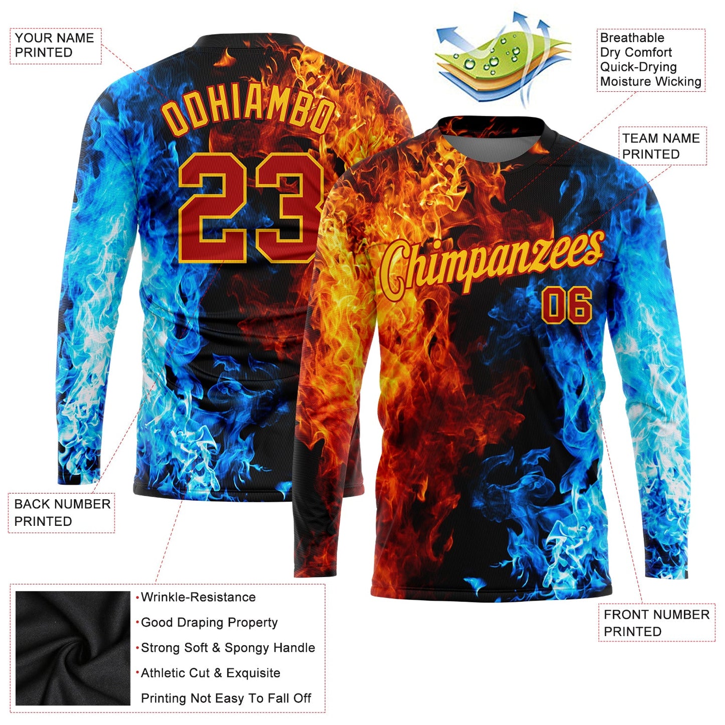 Custom Black Red Gold Royal-Light Blue Flame 3D Pattern Long Sleeve Performance T-Shirt view 2