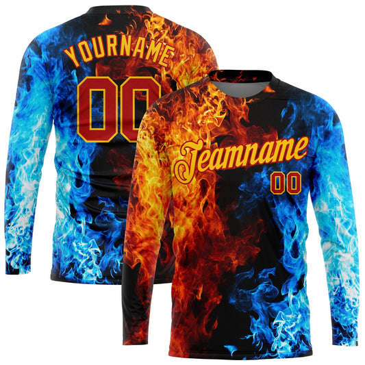 Custom Black Red Gold Royal-Light Blue Flame 3D Pattern Long Sleeve Performance T-Shirt - Main View