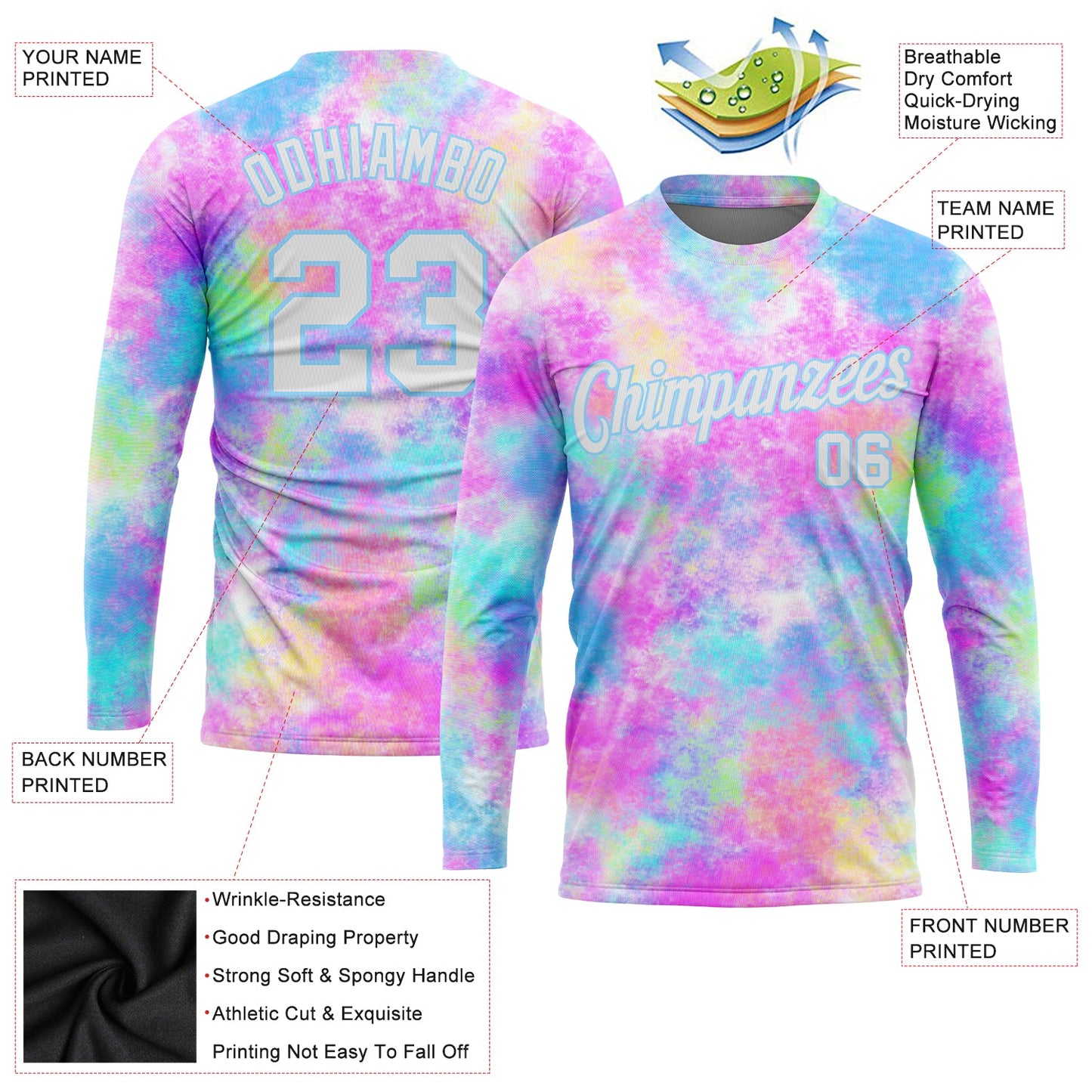 Custom Tie Dye White-Light Blue Watercolor Gradient 3D Long Sleeve Performance T-Shirt view 2